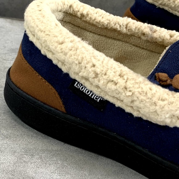 Isotoner Signature Men's Navy/Blue Microsuede Memory Foam Moccasin Slippers SZ L - Picture 7 of 16